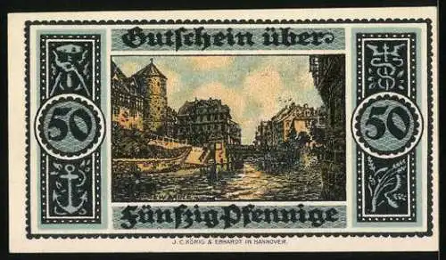Notgeld Hannover 1921, 50 Pfennig, florale Ornamente, Flusspartie mit Turmpanorama, Handwerks-Symbole