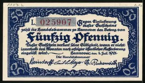 Notgeld Hannover 1921, 50 Pfennig, florale Ornamente, Leinepartie, Handwerks-Symbole