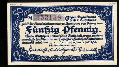 Notgeld Hannover 1921, 50 Pfennig, florale Ornamente, Leinepartie mit Turm, Handwerks-Symbole
