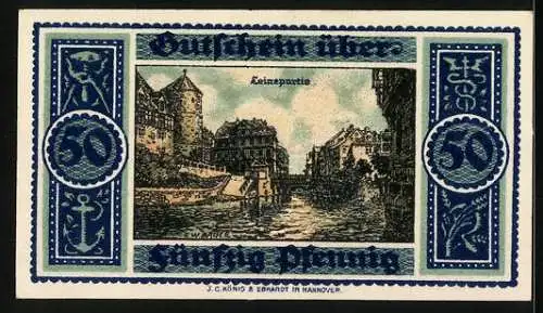 Notgeld Hannover 1921, 50 Pfennig, florale Ornamente, Leinepartie mit Turm, Handwerks-Symbole