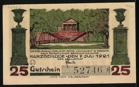 Notgeld Harzgerode 1921, 25 Pfennig, Säulen, Schleuse, Alexisbad um 1830