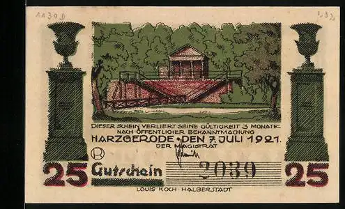 Notgeld Harzgerode 1921, 25 Pfennig, Säulen, Schleuse, Alexisbad: Ortsansicht um 1830