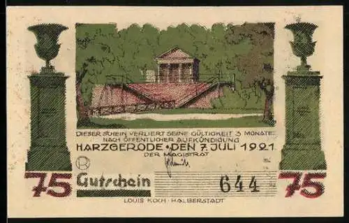Notgeld Harzgerode 1921, 75 Pfennig, Säulen, Schleuse, Alexisbad von oben