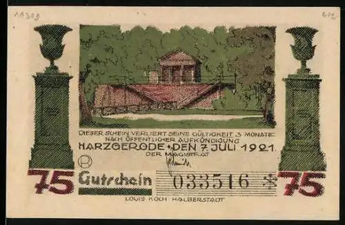 Notgeld Harzgerode 1921, 75 Pfennig, Säulen, Schleuse, Alexisbad: Ansicht von oben