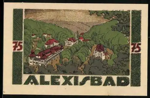 Notgeld Harzgerode 1921, 75 Pfennig, Säulen, Schleuse, Alexisbad: Totalansicht von oben