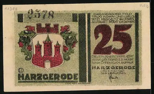 Notgeld Harzgerode 1921, 25 Pfennig, Strassenpartie mit Altem Haus, Masken, Wappen