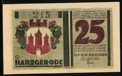 Notgeld Harzgerode 1921, 25 Pfennig, Strassenpartie m. Altem Haus, Masken, Wappen