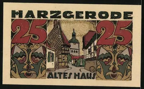 Notgeld Harzgerode 1921, 25 Pfennig, Strassenpartie m. Altem Haus, Masken, Wappen