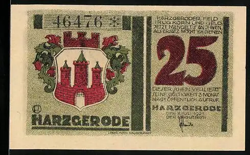 Notgeld Harzgerode 1921, 25 Pfennig, Strassenpartie mit Altem Haus u. Turm, Masken, Wappen