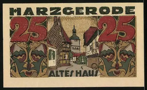 Notgeld Harzgerode 1921, 25 Pfennig, Strassenpartie mit Altem Haus u. Turm, Masken, Wappen