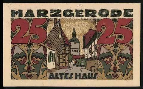Notgeld Harzgerode 1921, 25 Pfennig, Altes Haus u. Turm, Masken, Wappen