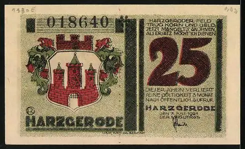 Notgeld Harzgerode 1921, 25 Pfennig, Altes Haus u. Turm, Masken, Wappen