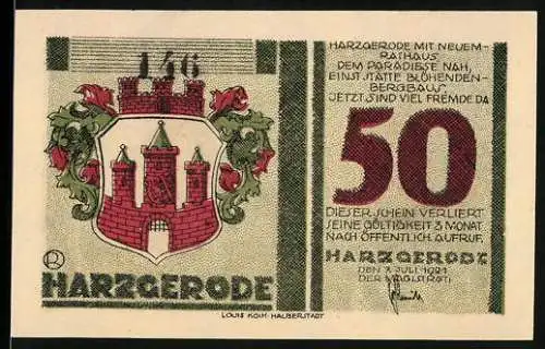 Notgeld Harzgerode 1921, 50 Pfennig, Wappen, Ortspartie mit Rathaus