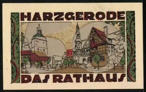 Notgeld Harzgerode 1921, 50 Pfennig, Wappen, Ortspartie mit Rathaus