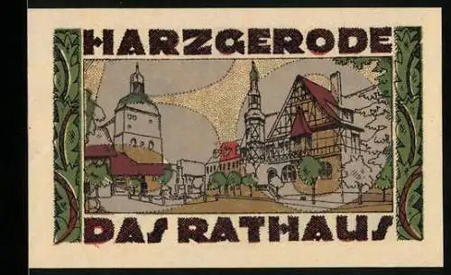 Notgeld Harzgerode 1921, 50 Pfennig, Wappen, Rathaus mit Umgebung