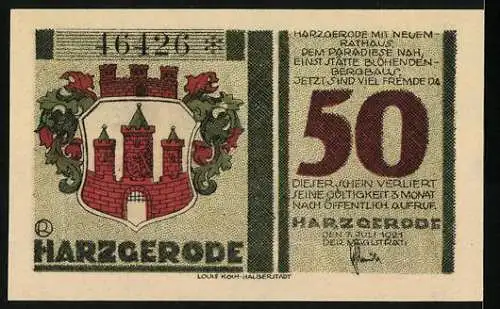Notgeld Harzgerode 1921, 50 Pfennig, Wappen, Rathaus mit Umgebung
