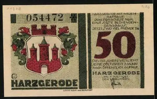 Notgeld Harzgerode 1921, 50 Pfennig, Wappen, Ortspartie m. Rathaus