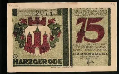 Notgeld Harzgerode 1921, 75 Pfennig, Wappen, Ortspartie mit Schloss