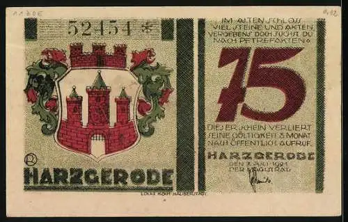 Notgeld Harzgerode 1921, 75 Pfennig, Wappen, Das Schloss