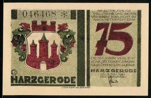 Notgeld Harzgerode 1921, 75 Pfennig, Wappen, Partie am Schloss