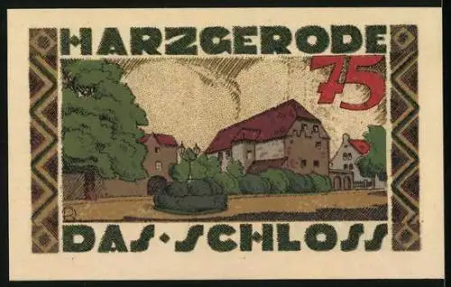 Notgeld Harzgerode 1921, 75 Pfennig, Wappen, Partie am Schloss