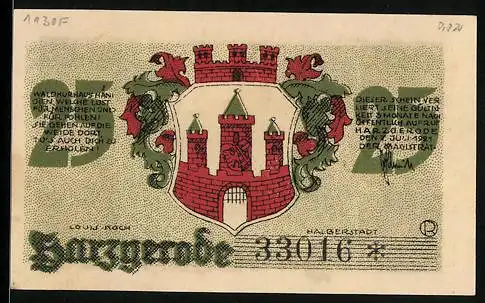 Notgeld Harzgerode 1921, 25 Pfennig, Wappen, Hänichen: Jungviehweide