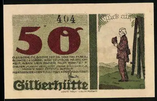 Notgeld Silberhütte 1921, 50 Pfennig, Bergmann, Ortsansicht