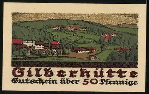 Notgeld Silberhütte 1921, 50 Pfennig, Bergmann, Ortsansicht