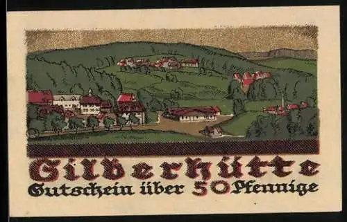 Notgeld Silberhütte 1921, 50 Pfennig, Bergmann, Ortsansicht von oben