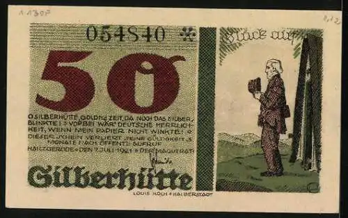 Notgeld Silberhütte 1921, 50 Pfennig, Bergmann, Ortsansicht von oben