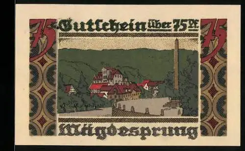 Notgeld Mägdesprung 1921, 75 Pfennig, Hirschdenkmal, Ortsansicht