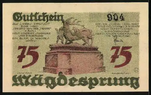 Notgeld Mägdesprung 1921, 75 Pfennig, Hirschdenkmal, Ortsansicht