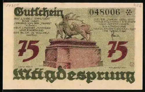 Notgeld Mägdesprung 1921, 75 Pfennig, Hirsch-Statue, Ortsansicht