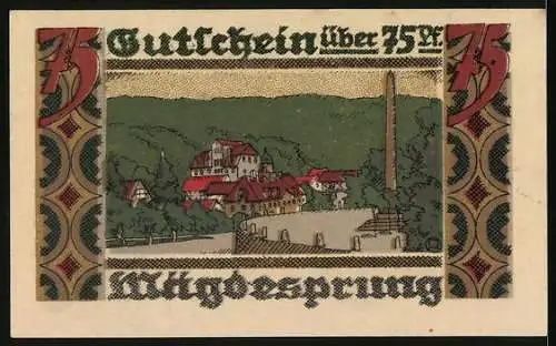 Notgeld Mägdesprung 1921, 75 Pfennig, Hirsch-Statue, Ortsansicht