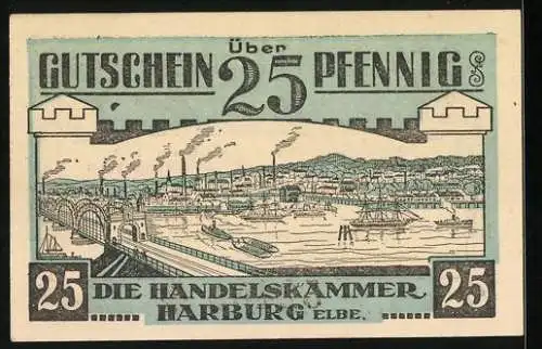 Notgeld Harburg /Elbe, 25 Pfennig, Ortsansicht mit Elbbrücke, Wappen, Anker