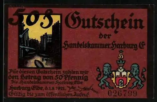 Notgeld Harburg /Elbe 1921, 50 Pfennig, Orts-Silhouette, Hafenpartie, Wappen