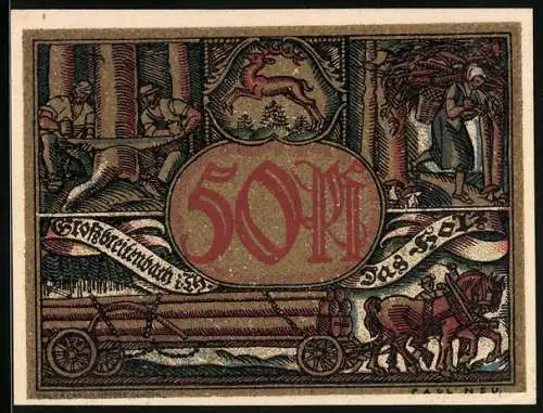 Notgeld Grossbreitenbach /Th., 50 Pfennig, Stadtpanorama, Wappen, Hirsch, Holzabbau und -transport