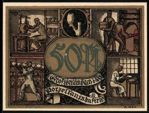 Notgeld Grossbreitenbach /Th., 50 Pfennig, Stadtpanorama, Wappen, Tonpfeife, Porzellanindustrie