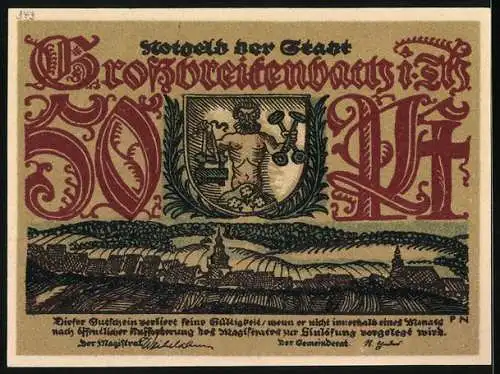 Notgeld Grossbreitenbach /Th., 50 Pfennig, Stadtpanorama, Wappen, Tonpfeife, Porzellanindustrie