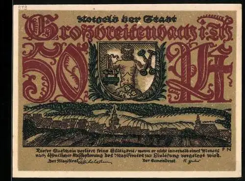 Notgeld Grossbreitenbach /Th., 50 Pfennig, Stadtpanorama, Wappen, Glasindustrie