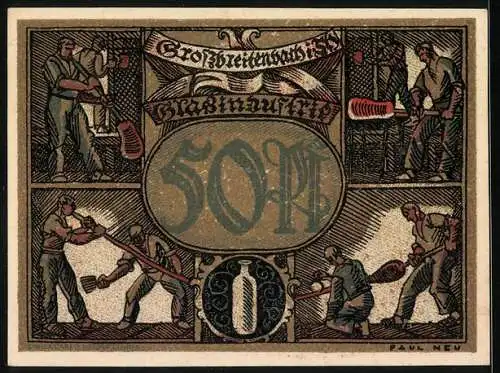 Notgeld Grossbreitenbach /Th., 50 Pfennig, Stadtpanorama, Wappen, Glasindustrie