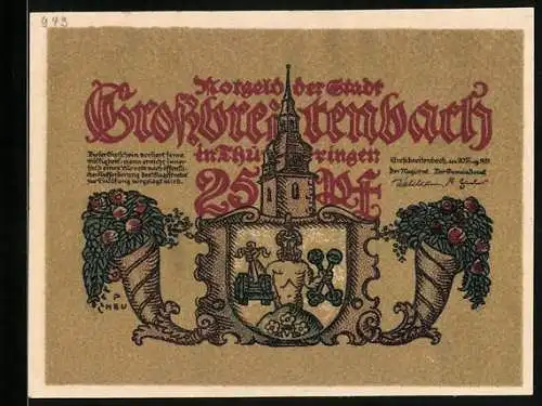 Notgeld Grossbreitenbach /Th. 1921, 25 Pfennig, Füllhörner, Wappen, Kirchturm, Wandergeselle, Klösse, Handwerker