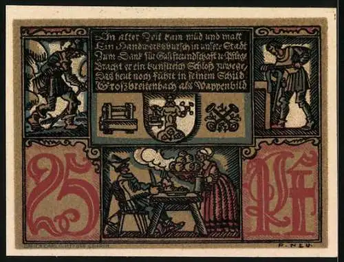 Notgeld Grossbreitenbach /Th. 1921, 25 Pfennig, Füllhörner, Wappen, Kirchturm, Wandergeselle, Klösse, Handwerker