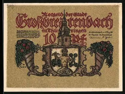 Notgeld Grossbreitenbach /Th. 1921, 10 Pfennig, Füllhörner, Wappen, Kirchturm, Bürgerschule, Kinder