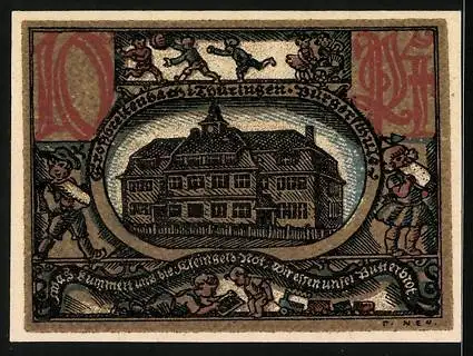 Notgeld Grossbreitenbach /Th. 1921, 10 Pfennig, Füllhörner, Wappen, Kirchturm, Bürgerschule, Kinder