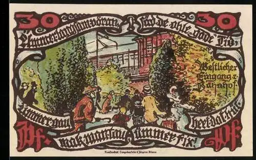 Notgeld Gross-Flottbek 1921, 30 Pfennig, Alter Stuhlwagen und Wandergesellen, Bahnhof: Westlicher Eingang