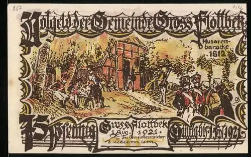 Notgeld Gross-Flottbek 1921, 75 Pfennig, Husarenbaracke 1812, Ortspartie mit Kirche