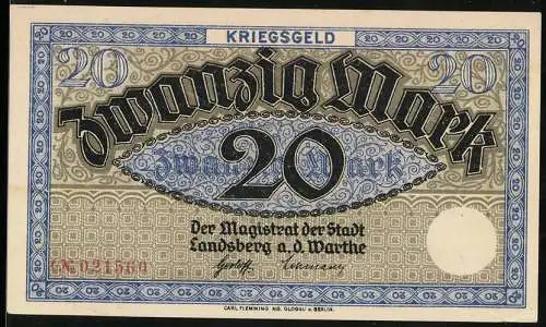 Notgeld Landsberg a. d. Warthe, 20 Mark, Kontroll-Nr. 021560