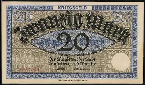 Notgeld Landsberg a. d. Warthe, 20 Mark, Kontroll-Nr. 027691