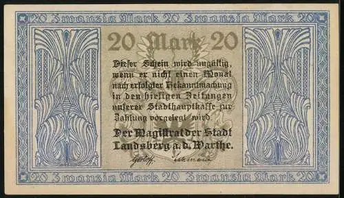 Notgeld Landsberg a. d. Warthe, 20 Mark, Kontroll-Nr. 027691